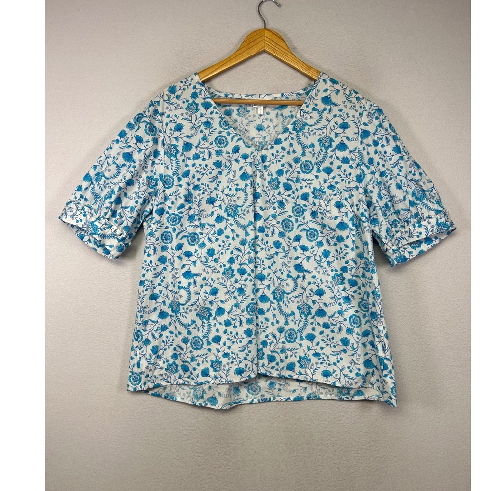 Coastal Grandma Draper James Womens XXL Blue White Floral Cotton Puff Sleeve Top